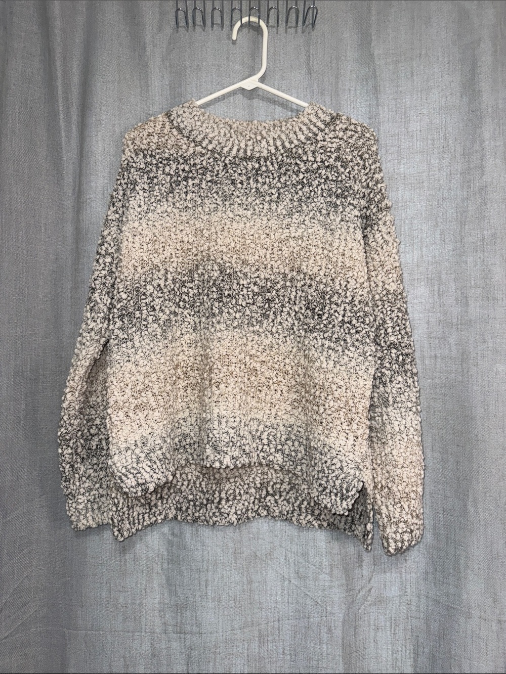 Bobeau Oversized Fluffy Popcorn Textured Knit Crewneck Sweater Cream Grey